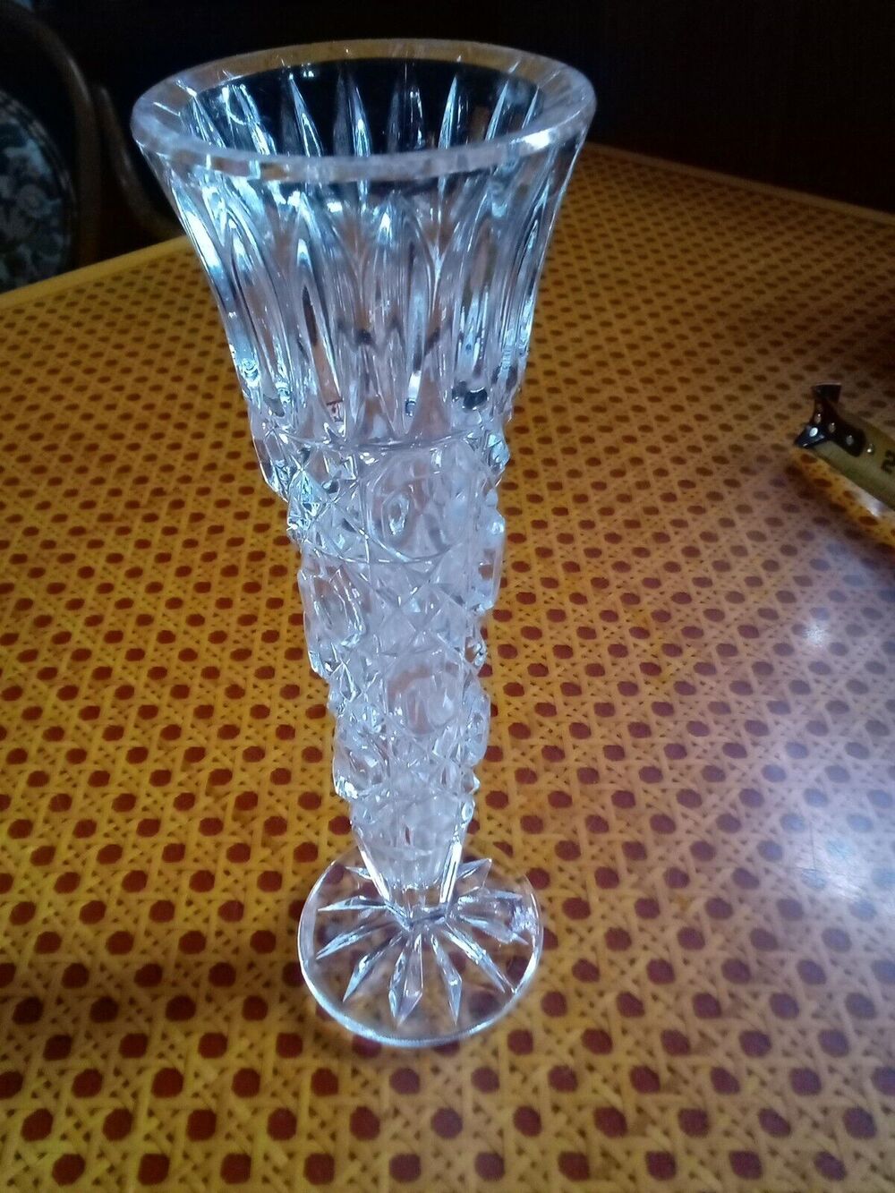 Clear Pressed Glass Footed Bud Vase Starburst Foot Vintage 8" tall
